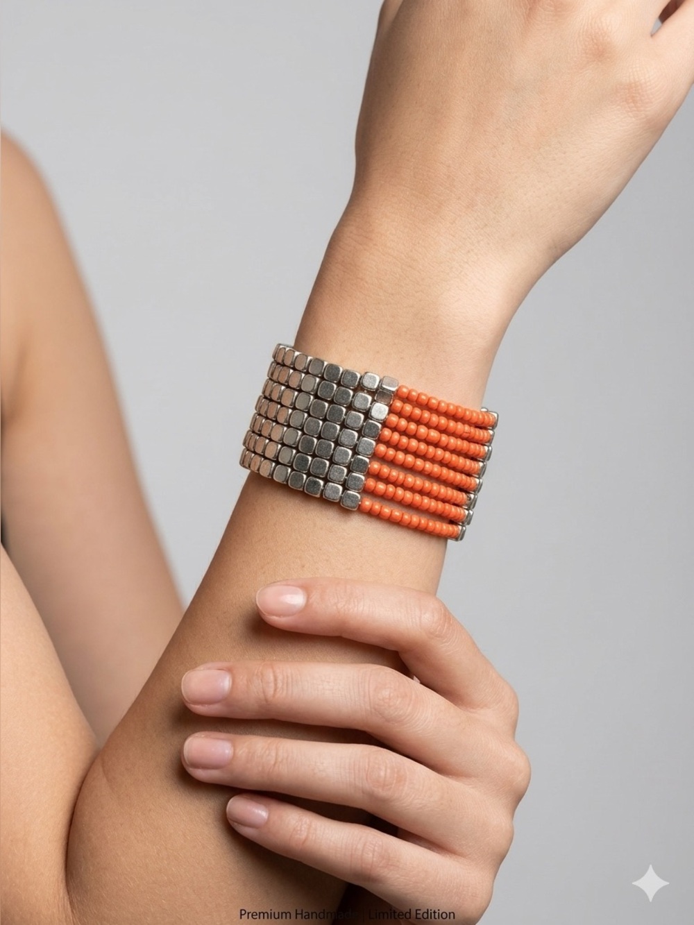 Coral Seed Bead Cuff Bracelet | Orange Multi-Strand Silver Cube - Picture 10 of 10